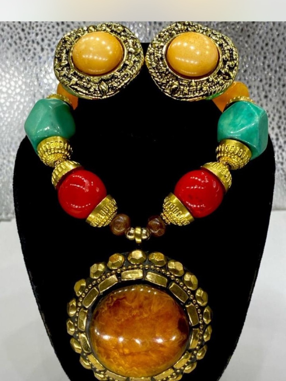 **^ Statement ^^^ Chunkeeey “ Beaded  Necklace / Earrings “ Amber “ Southwester